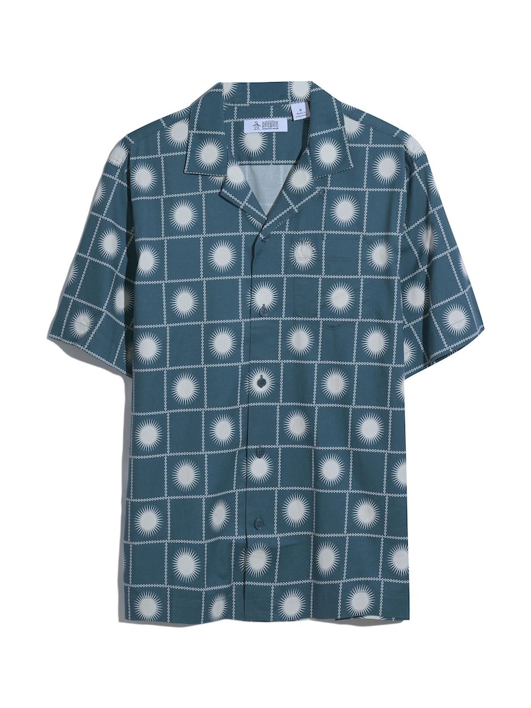 Original Penguin Blue Sun Print Short Sleeve 100% Cotton Shirt - Image 5 of 5