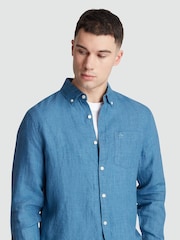 Original Penguin Blue Delave Linen Long Sleeve 100% Cotton Shirt - Image 4 of 5