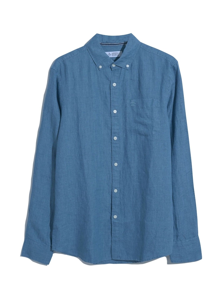 Original Penguin Blue Delave Linen Long Sleeve 100% Cotton Shirt - Image 5 of 5