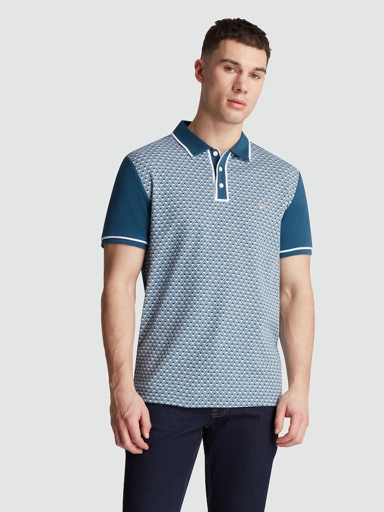 Original Penguin Blue Diamond Jacquard Front 100% Cotton Polo Shirt - Image 1 of 4