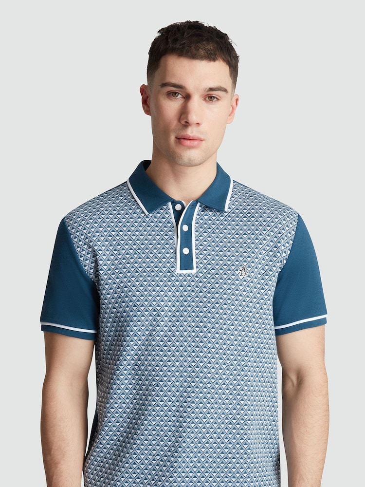Original Penguin Blue Diamond Jacquard Front 100% Cotton Polo Shirt - Image 4 of 4