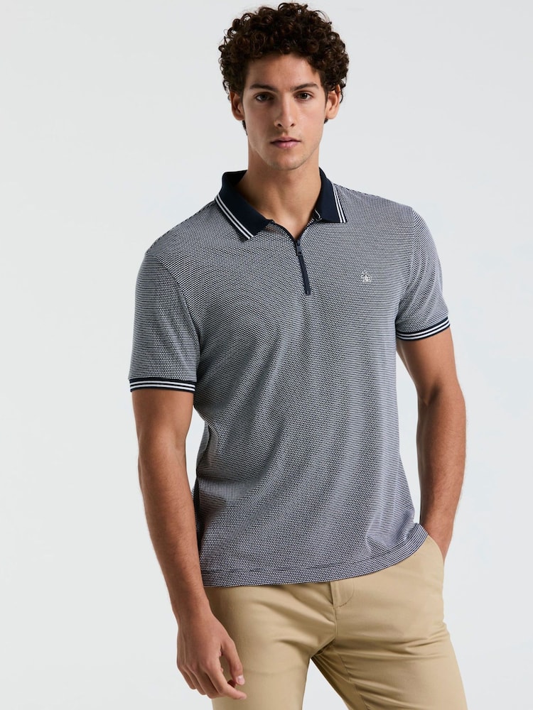 Original Penguin Blue Jacquard 1/4 Zip Tipped 100% Cotton Polo Shirt - Image 1 of 5