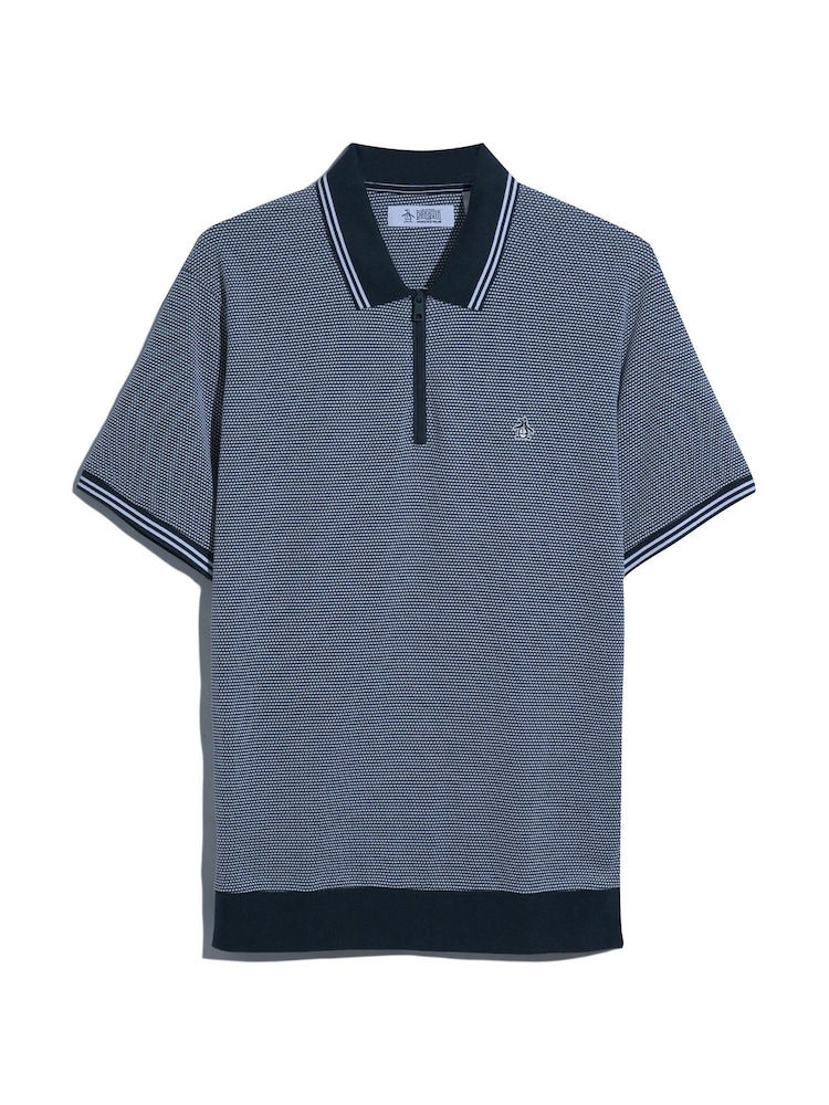 Original Penguin Blue Jacquard 1/4 Zip Tipped 100% Cotton Polo Shirt - Image 5 of 5