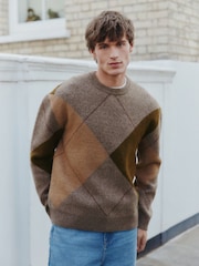 Brown Relaxed Fit Argyle Pattern Crew Jumper with Wool - Image 4 of 8