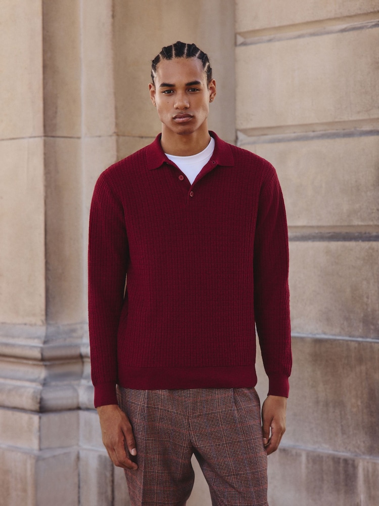 Red Regular Fit Textured Essential Long Sleeve Knitted Polo Shirt - Image 1 of 4