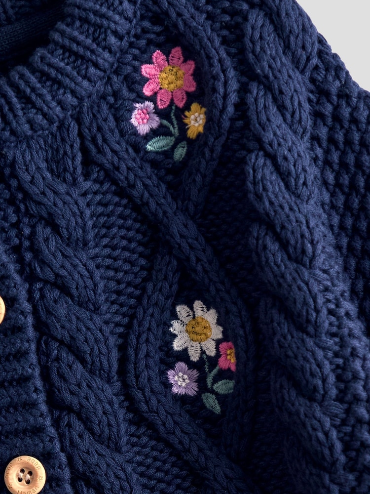 Bleumarin albastru - JoJo Maman Bébé Embroidered Chunky Cable Knit Cardigan - Image 4 of 9
