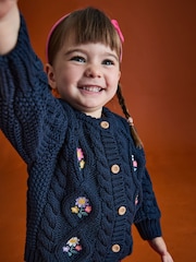 JoJo Maman Bébé Navy Blue Embroidered Chunky Cable Knit Cardigan - Image 6 of 9