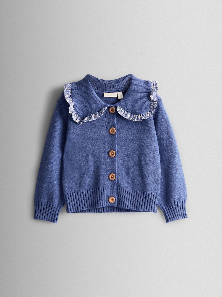 JoJo Maman Bébé Blue Floral Frill Collar Cardigan - Image 1 of 3