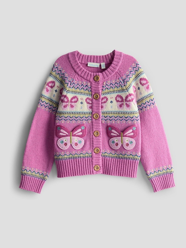 JoJo Maman Bébé Pink Fair Isle Appliqué Pocket Cardigan - Image 1 of 3