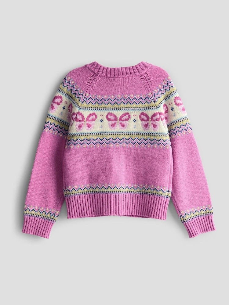JoJo Maman Bébé Pink Fair Isle Appliqué Pocket Cardigan - Image 2 of 3