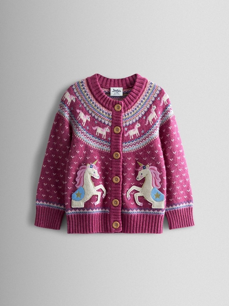JoJo Maman Bébé Pink Light Fair Isle Appliqué Pocket Cardigan - Image 1 of 3