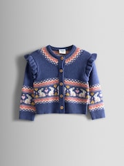 JoJo Maman Bébé Blue Frill Shoulder Fair Isle Cardigan - Image 1 of 4