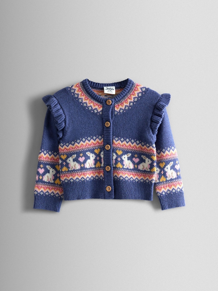 JoJo Maman Bébé Blue Frill Shoulder Fair Isle Cardigan - Image 1 of 4