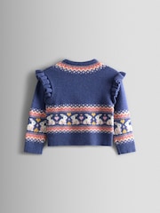 JoJo Maman Bébé Blue Frill Shoulder Fair Isle Cardigan - Image 2 of 4