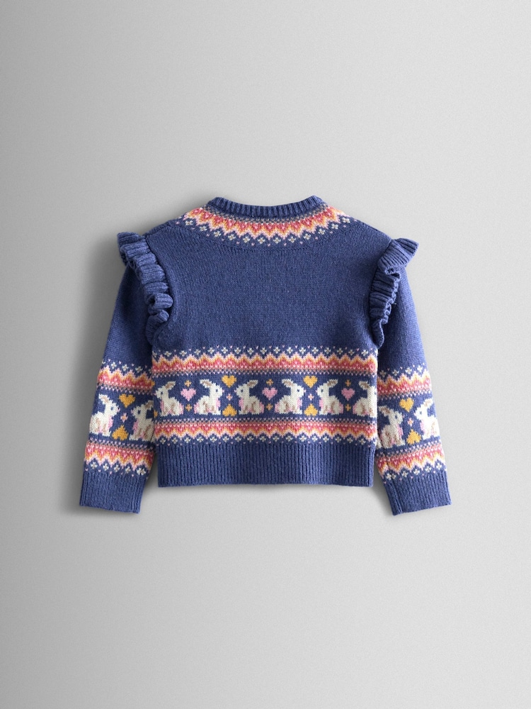 JoJo Maman Bébé Blue Frill Shoulder Fair Isle Cardigan - Image 2 of 4