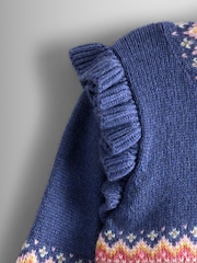 JoJo Maman Bébé Blue Frill Shoulder Fair Isle Cardigan - Image 3 of 4