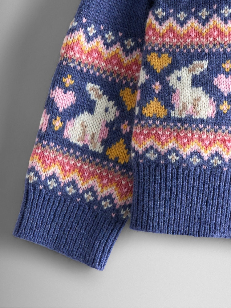 JoJo Maman Bébé Blue Frill Shoulder Fair Isle Cardigan - Image 4 of 4