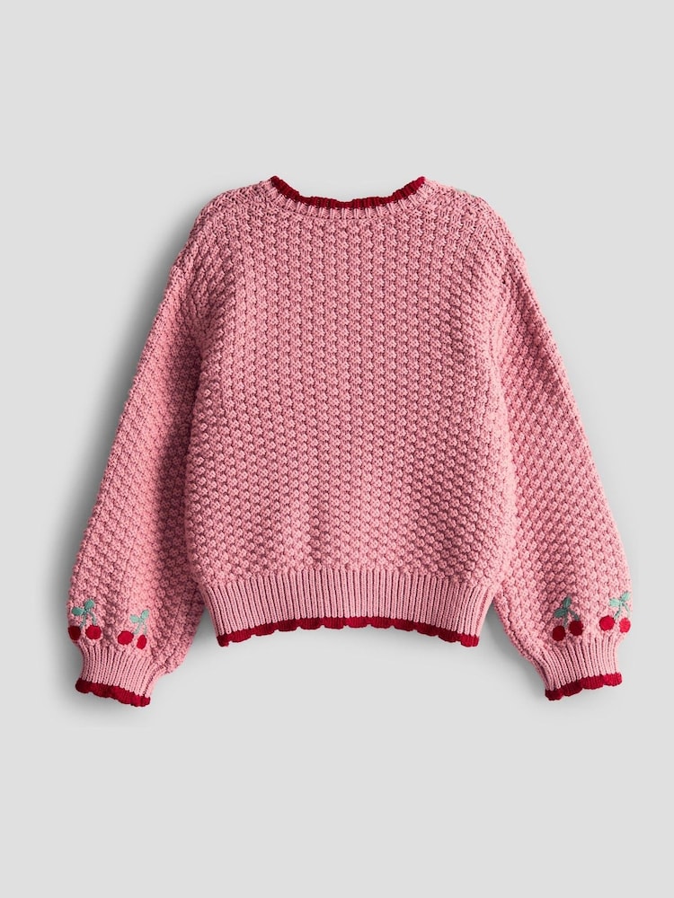 JoJo Maman Bébé Pink Textured Knit Embroidered Cardigan - Image 2 of 3