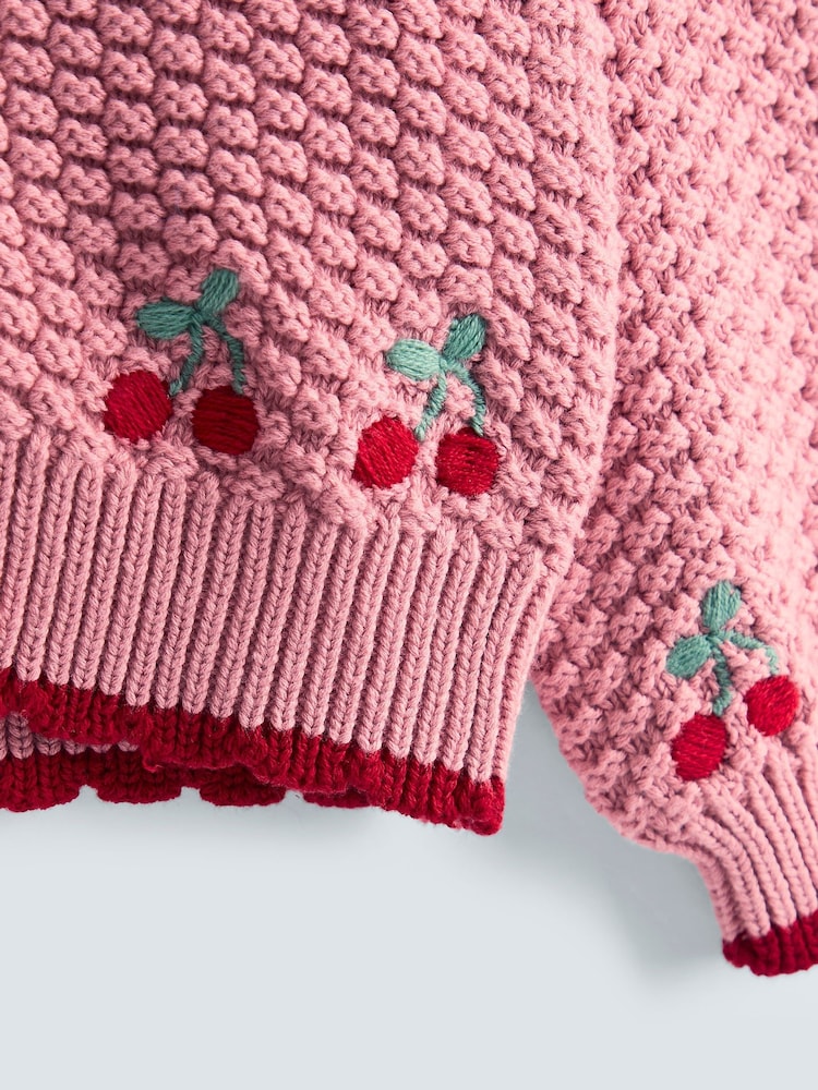 JoJo Maman Bébé Pink Textured Knit Embroidered Cardigan - Image 3 of 3