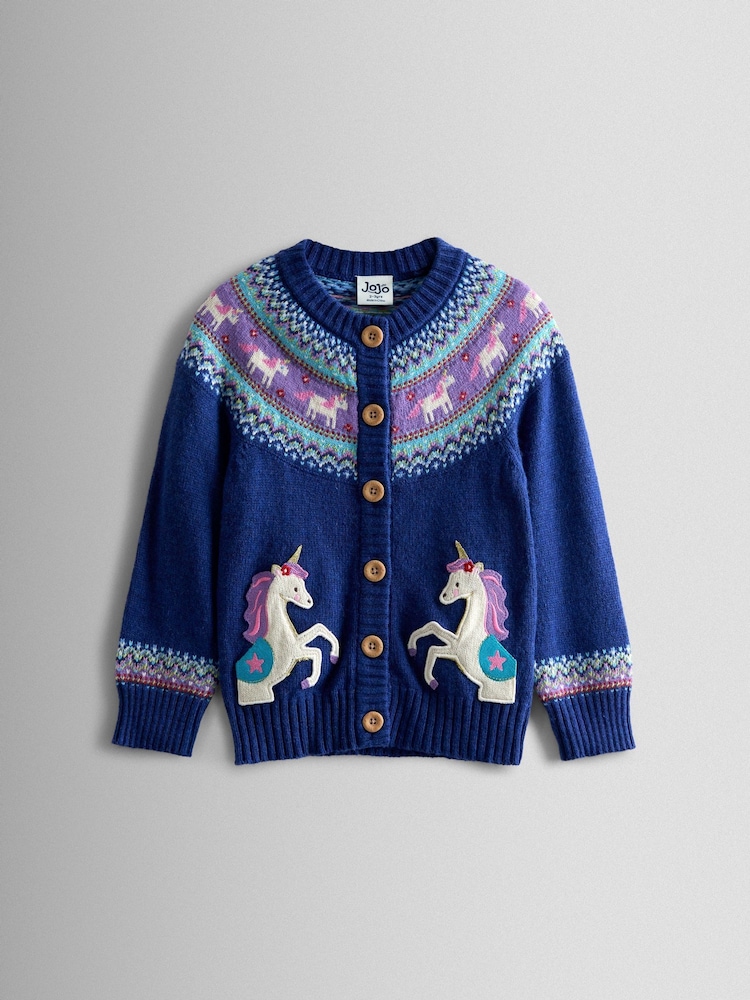 JoJo Maman Bébé Blue Dark Fair Isle Appliqué Pocket Cardigan - Image 1 of 3