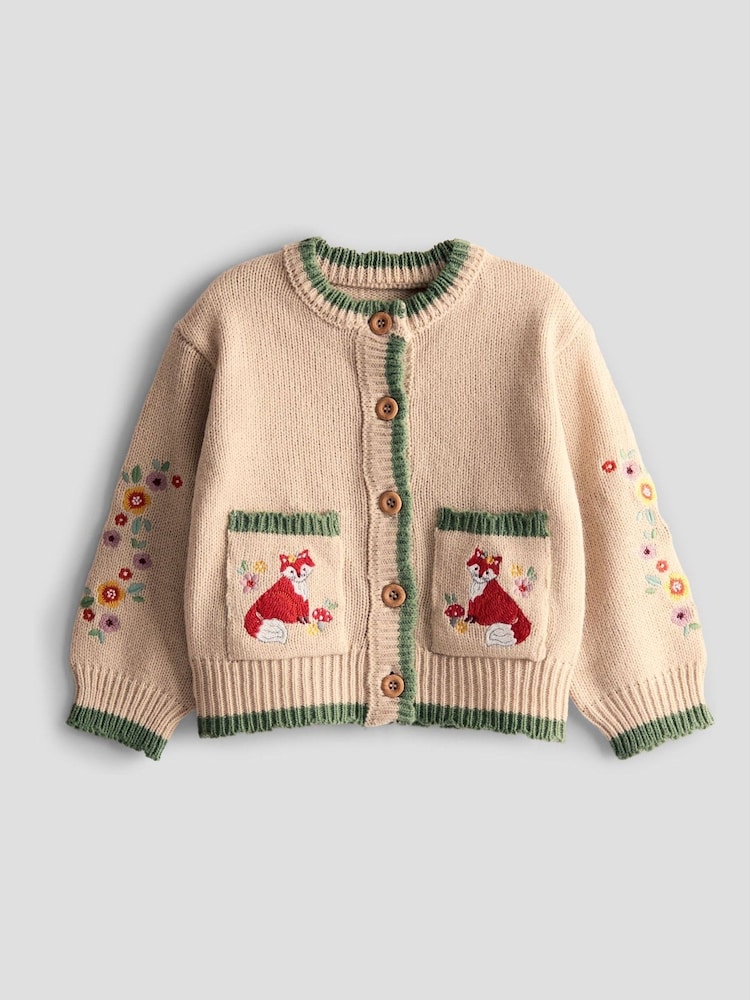 JoJo Maman Bébé Natural Scallop Edge Embroidered Pocket Cardigan - Image 1 of 3