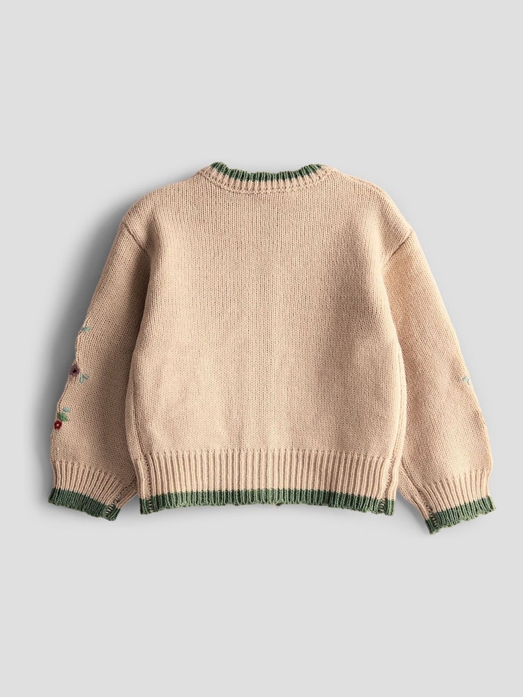 JoJo Maman Bébé Natural Scallop Edge Embroidered Pocket Cardigan - Image 2 of 3