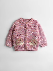 JoJo Maman Bébé Mauve Purple Hedgehog Textured Knit Appliqué Cardigan - Image 1 of 3