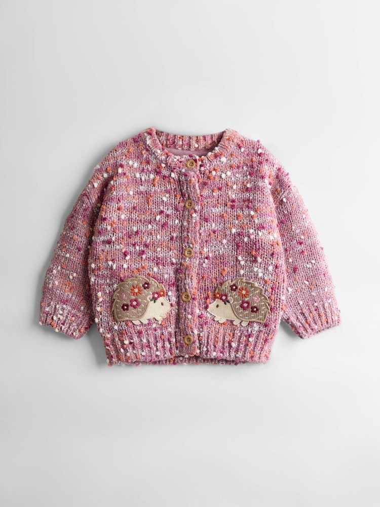 JoJo Maman Bébé Mauve Purple Hedgehog Textured Knit Appliqué Cardigan - Image 1 of 3
