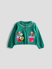 JoJo Maman Bébé Teal Green Flower & Bee Pet in Pocket Applique Cardigan - Image 1 of 5