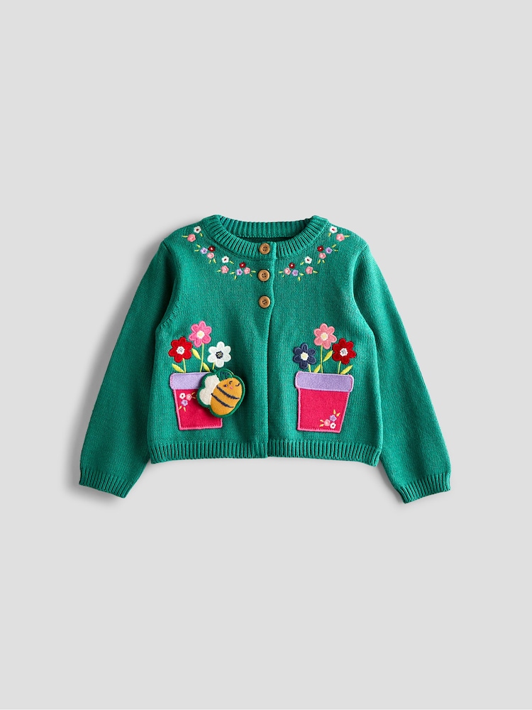 JoJo Maman Bébé Teal Green Flower & Bee Pet in Pocket Applique Cardigan - Image 1 of 5