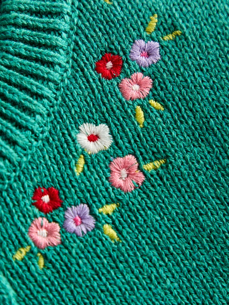 JoJo Maman Bébé Teal Green Flower & Bee Pet in Pocket Applique Cardigan - Image 5 of 5