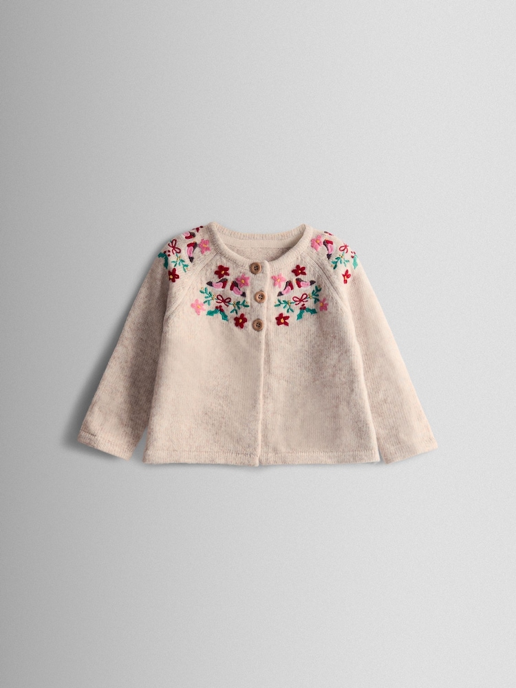 JoJo Maman Bébé Beige Marle Christmas Robin Embroidered Cardigan - Image 1 of 3