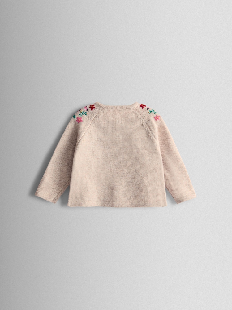 JoJo Maman Bébé Beige Marle Christmas Robin Embroidered Cardigan - Image 2 of 3