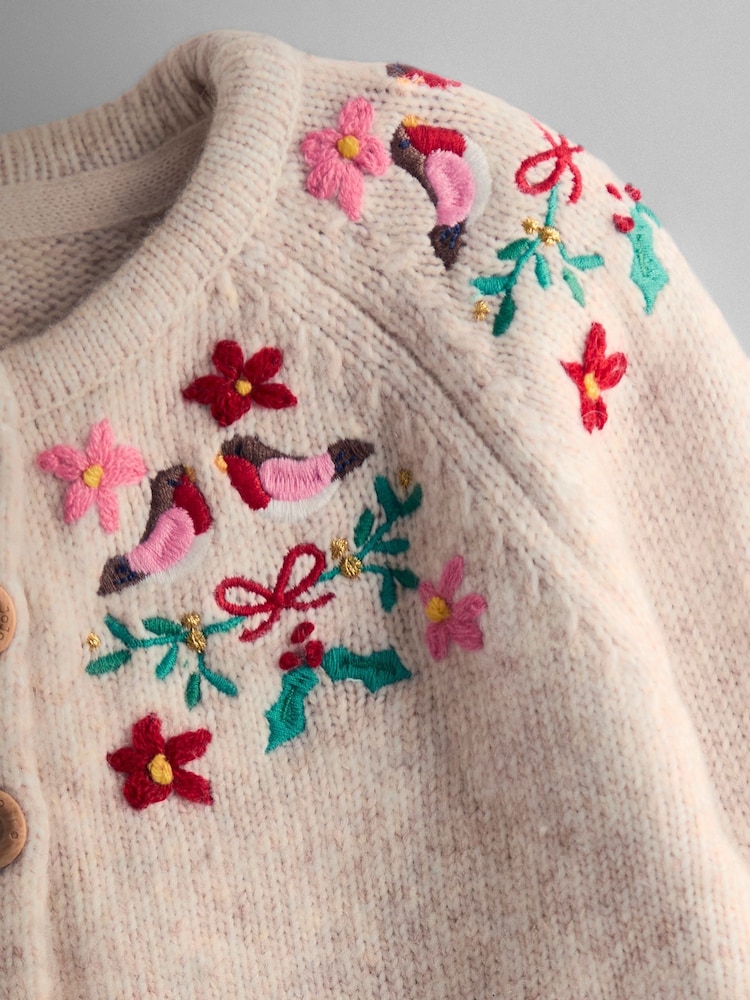 JoJo Maman Bébé Beige Marle Christmas Robin Embroidered Cardigan - Image 3 of 3