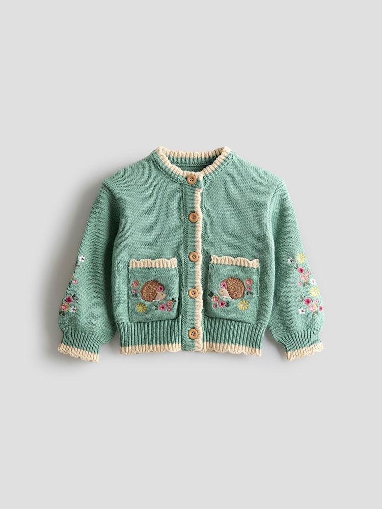 JoJo Maman Bébé Green Scallop Edge Embroidered Pocket Cardigan - Image 1 of 3