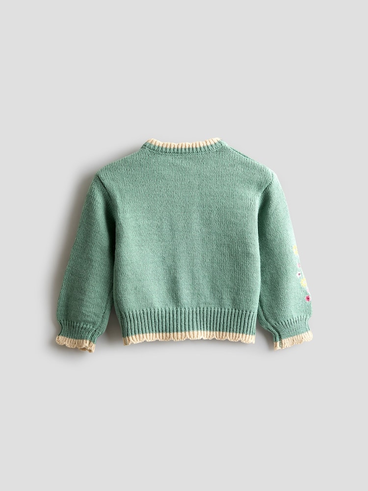 JoJo Maman Bébé Green Scallop Edge Embroidered Pocket Cardigan - Image 2 of 3