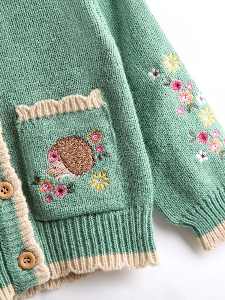 JoJo Maman Bébé Green Scallop Edge Embroidered Pocket Cardigan - Image 3 of 3