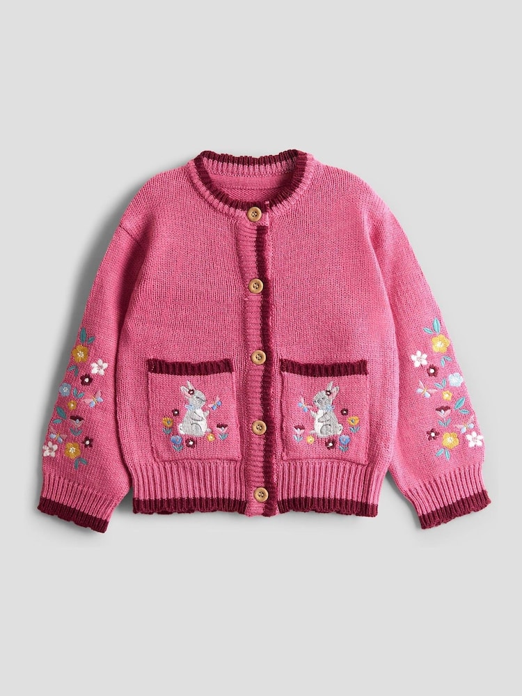 JoJo Maman Bébé Rose Scallop Edge Embroidered Pocket Cardigan - Image 1 of 4