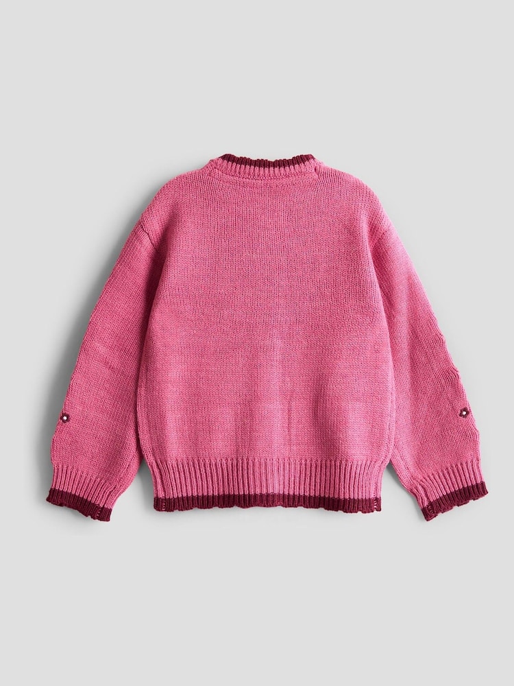 JoJo Maman Bébé Rose Scallop Edge Embroidered Pocket Cardigan - Image 2 of 4