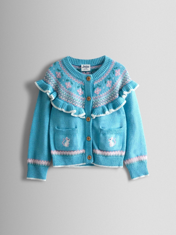 JoJo Maman Bébé Blue Frill Yoke Fair Isle Cardigan - Image 1 of 4