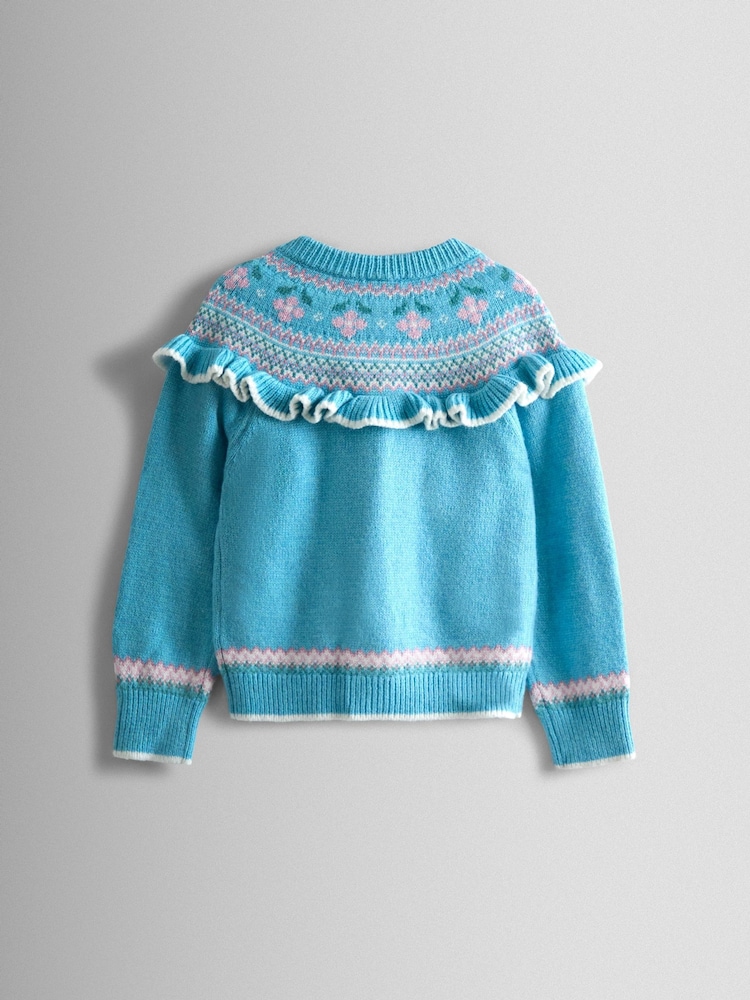 JoJo Maman Bébé Blue Frill Yoke Fair Isle Cardigan - Image 2 of 4
