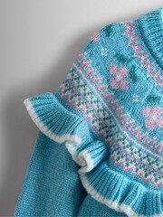 JoJo Maman Bébé Blue Frill Yoke Fair Isle Cardigan - Image 3 of 4