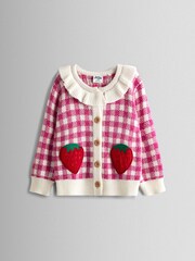 JoJo Maman Bébé Pink Strawberry Gingham Frill-Neck Appliqué Cardigan - Image 1 of 4