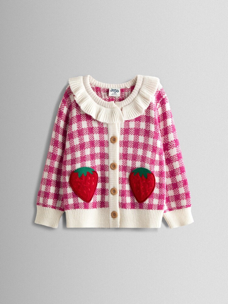 JoJo Maman Bébé Pink Strawberry Gingham Frill-Neck Appliqué Cardigan - Image 1 of 4
