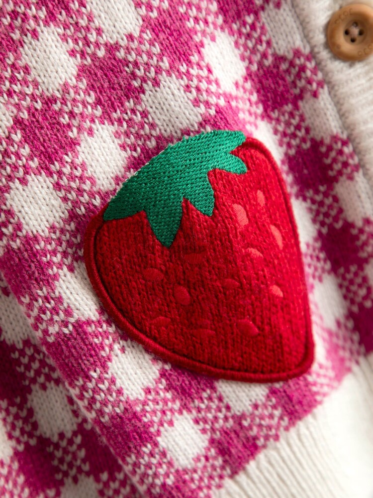 JoJo Maman Bébé Pink Strawberry Gingham Frill-Neck Appliqué Cardigan - Image 2 of 4