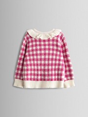 JoJo Maman Bébé Pink Strawberry Gingham Frill-Neck Appliqué Cardigan - Image 4 of 4