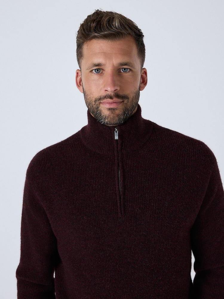 Burgundy Red Regular Fit Cosy Rib Texture Quarter Zip Jumper with Wool - Image 1 of 11
