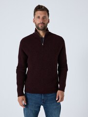 Burgundy Red Regular Fit Cosy Rib Texture Quarter Zip Jumper with Wool - Image 5 of 11