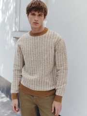 Brown Regular Fit Geometric Textured Crew Neck Jumper with Wool - Image 1 of 7