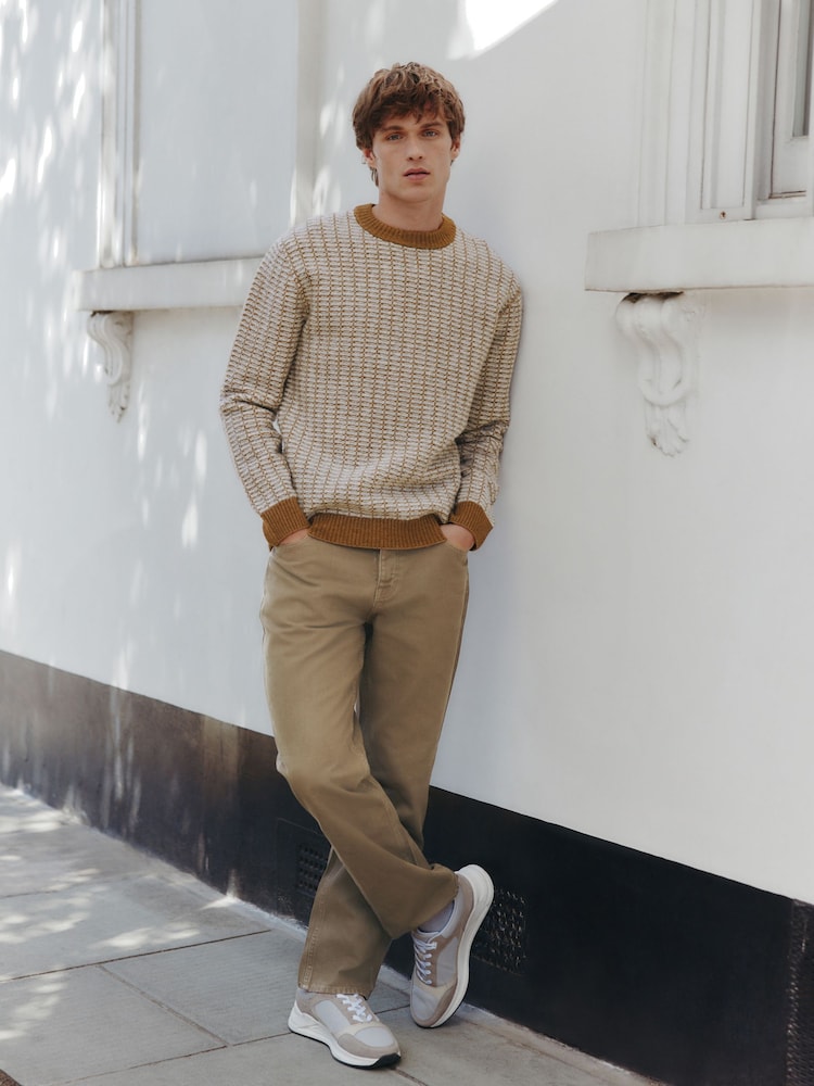 Brown Regular Fit Geometric Textured Crew Neck Jumper with Wool - Image 2 of 7